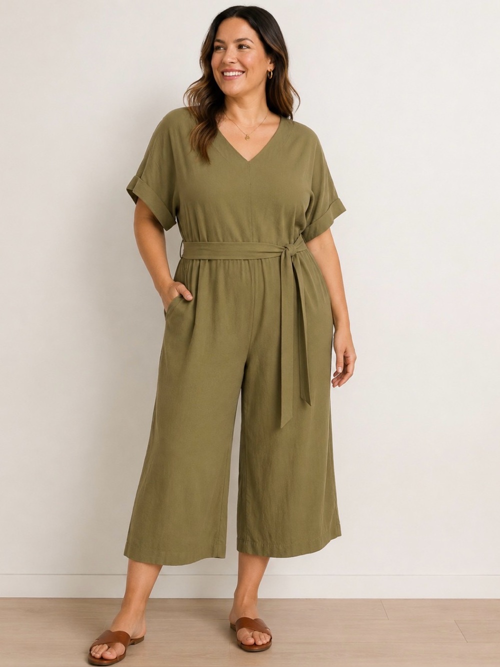 Everlane Japanese GoWeave Short Sleeve Jumpsuit Olive Khaki Green Belted 16 FLAW